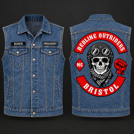Motorcycle club old-school blue denim biker cut with an authorized club back patch.