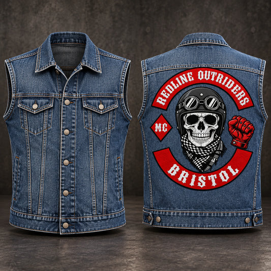 Motorcycle club old-school blue denim biker cut with an authorized club back patch.