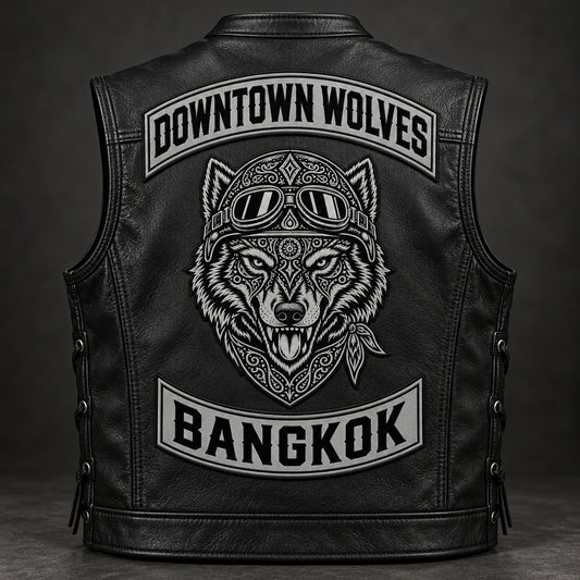 Motorcycle club black leather biker cut with a broad single-panel back for authorized club patches.