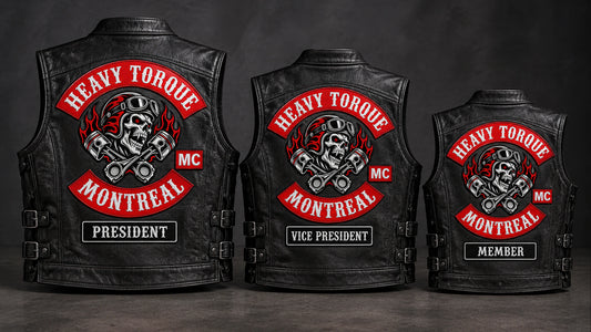 Matching black leather motorcycle club cuts prepared for individual member sizes and approved details.