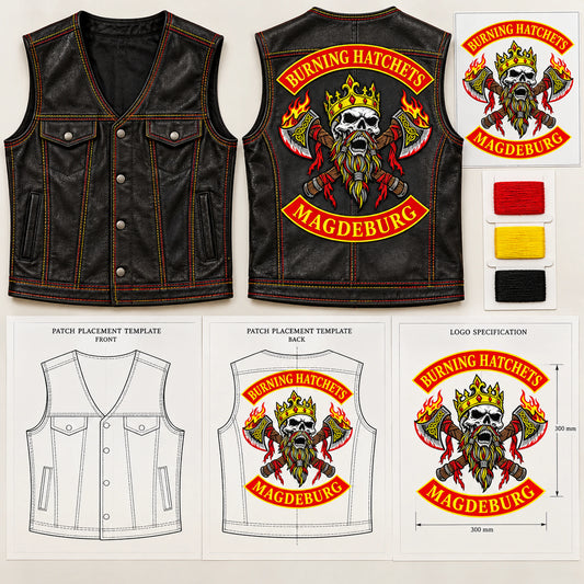 Motorcycle club black leather club cut with authorized design proof and customization samples.