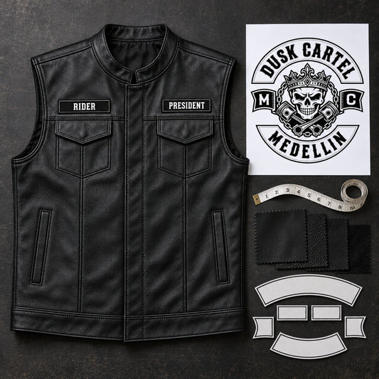 Motorcycle club black leather biker cut with authorized artwork and project-intake materials.