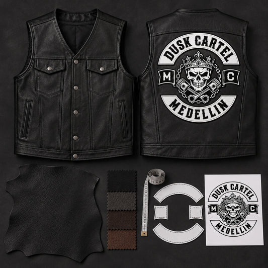 Motorcycle club black leather biker cut with authorized artwork and project-intake materials.