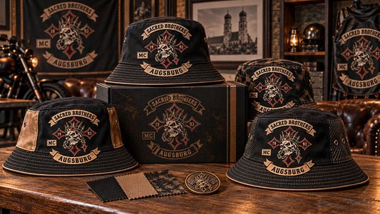 Limited-edition motorcycle club bucket hats with coordinated commemorative colors and approved logo.