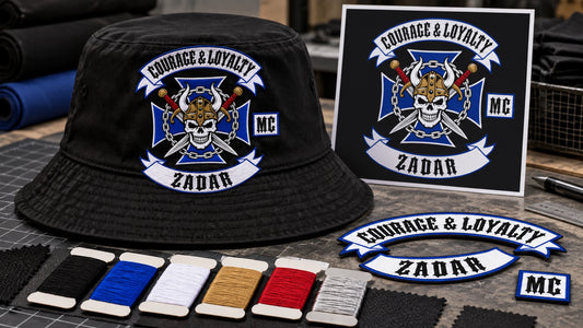 Black motorcycle club bucket hat beside approved artwork, thread colors and patch samples.