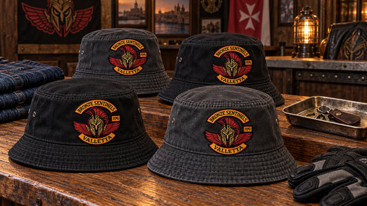 Matching motorcycle club bucket hats arranged as coordinated off-bike club merchandise.