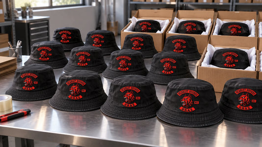 Bulk motorcycle club bucket hat order arranged for inspection and worldwide shipping.