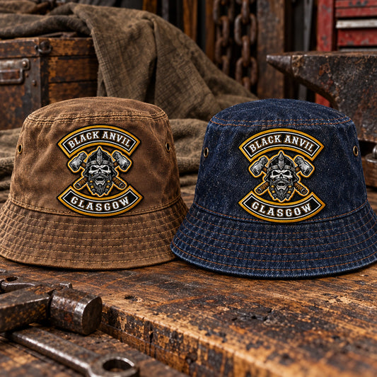 Canvas and denim motorcycle club bucket hats with approved club patches.