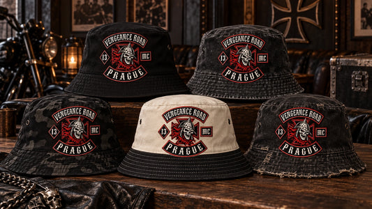 Motorcycle club bucket hats arranged for charity, memorial and authorized supporter merchandise.