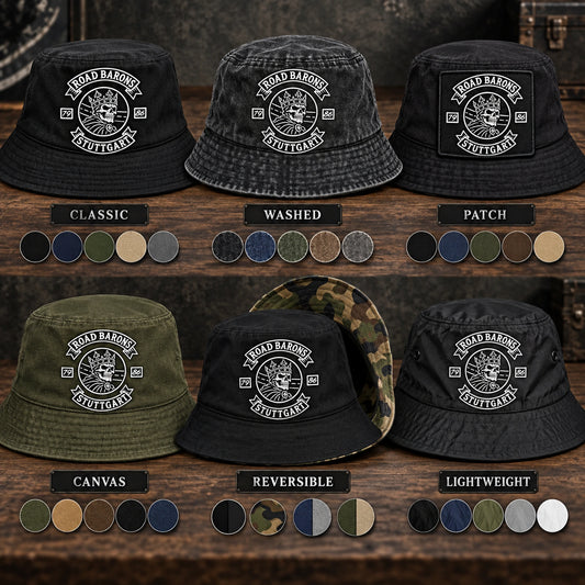 Bucket-hat samples for choosing motorcycle club styles, materials and colors.