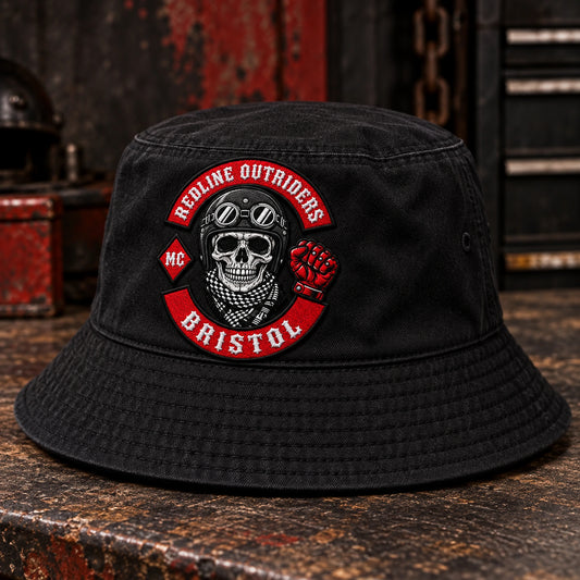 Black cotton-twill motorcycle club bucket hat with approved direct embroidery.