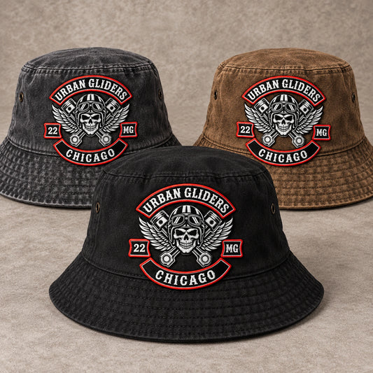 Cotton twill, washed cotton and canvas motorcycle club bucket hats.
