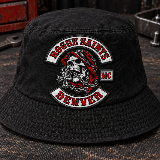 Black motorcycle club bucket hat with an approved embroidered club patch.