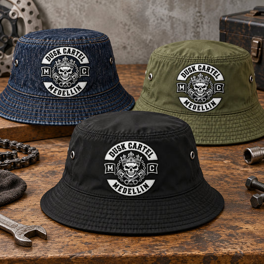 Denim, lightweight and performance motorcycle club bucket hats.