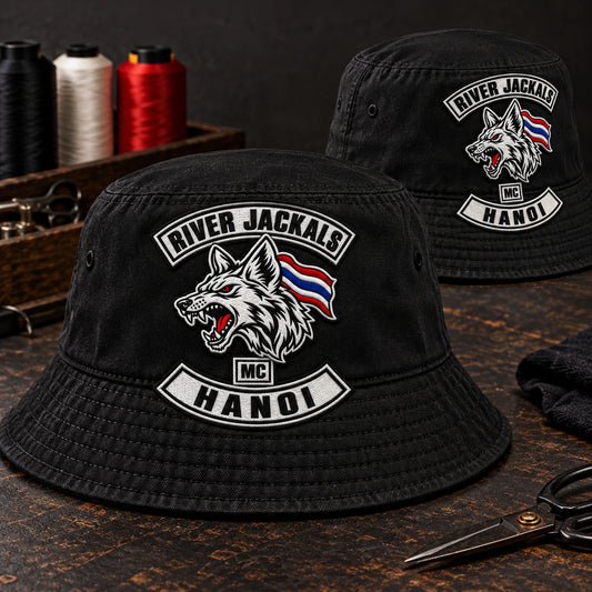 Black motorcycle club bucket hat showing approved direct embroidery detail.
