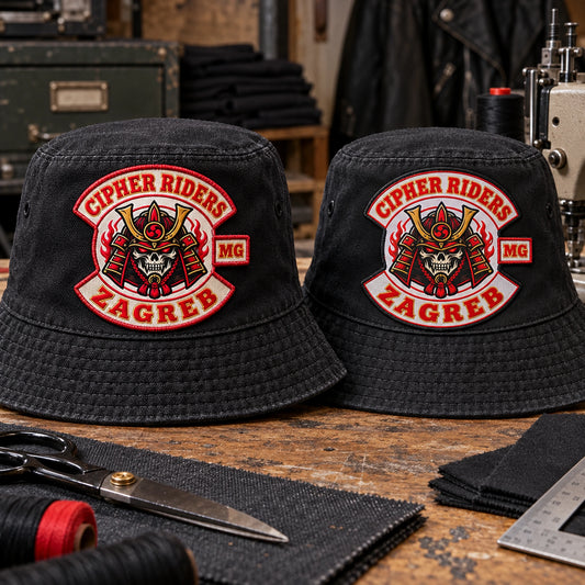 Motorcycle club bucket hats comparing embroidered and woven logo patches.