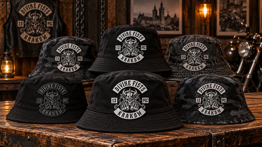 Matching motorcycle club bucket hats prepared for members and chapter merchandise.