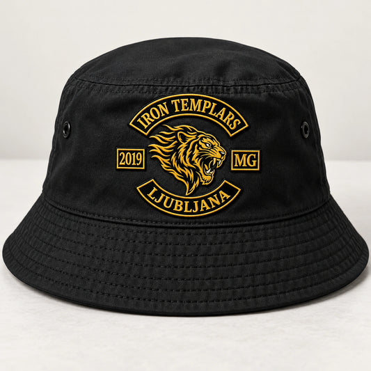 Black motorcycle club bucket hat with approved printed club artwork.