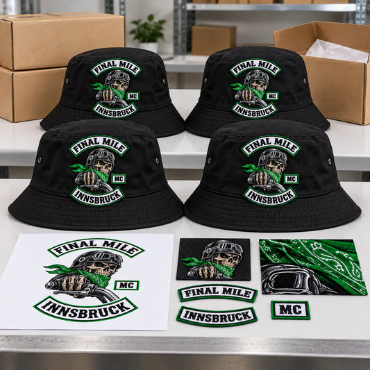 Finished motorcycle club bucket hats with approved design proof prepared for production and delivery.