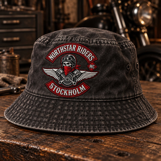 Vintage-washed charcoal motorcycle club bucket hat with approved embroidery.