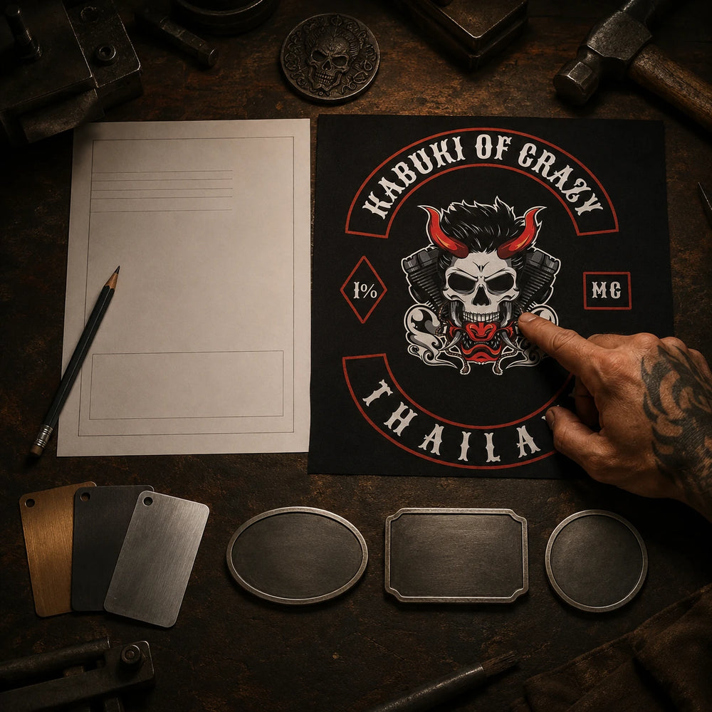 01 · Upload Your Club Identity for custom motorcycle club belt buckles