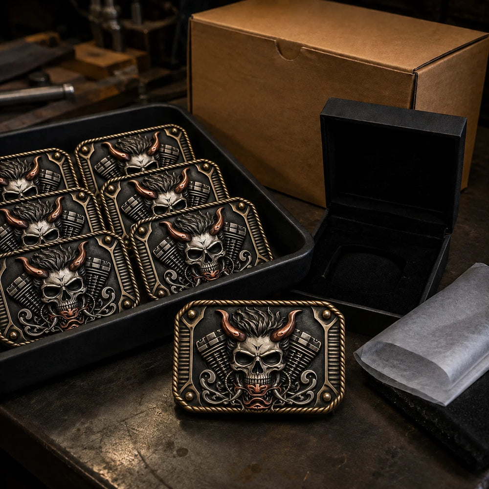 04 · Production & Worldwide Delivery for custom motorcycle club belt buckles