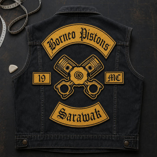 Custom motorcycle club center patch with coordinated top and bottom rockers.
