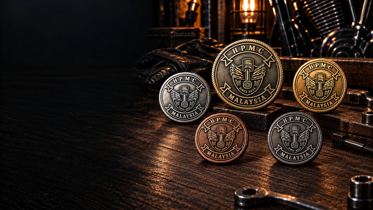 Five complete HPMC motorcycle club challenge coins in dimensional metal finishes displayed inside a wide dark clubhouse scene.