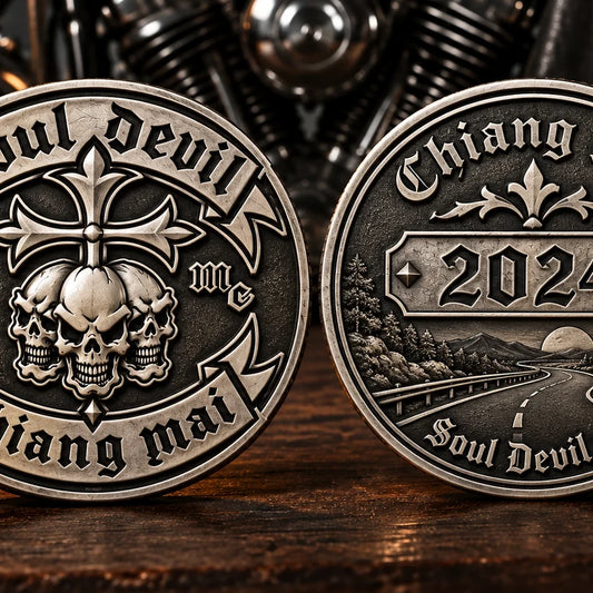 Motorcycle club challenge coins arranged front and back for sample approval.