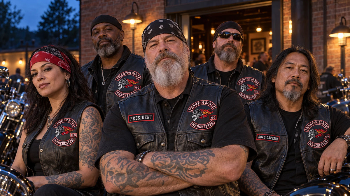 Coordinated leather cuts with varied fictional chest patches for a motorcycle club, shown at outside a brick clubhouse at blue hour.
