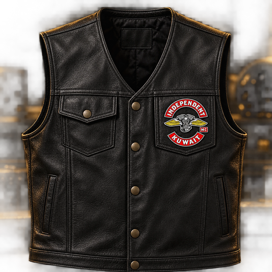 Compact solid club chest patch shown for a custom motorcycle club patch system in front vest pocket detail.