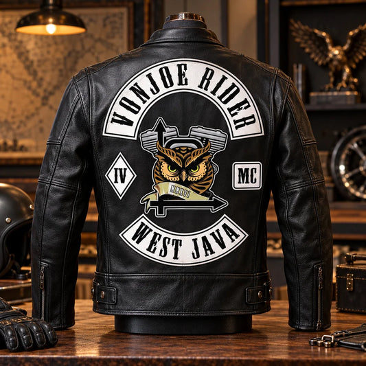 Chapter Identification placement on a custom motorcycle club leather jacket.