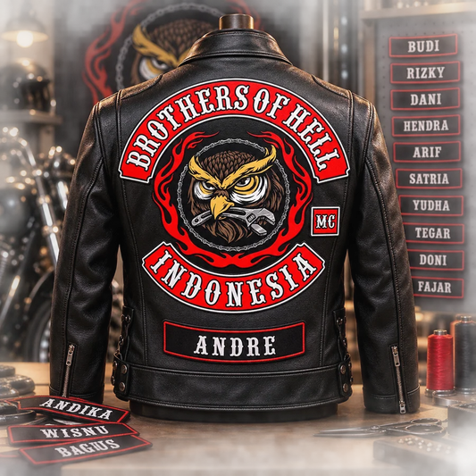Member Names placement on a custom motorcycle club leather jacket.