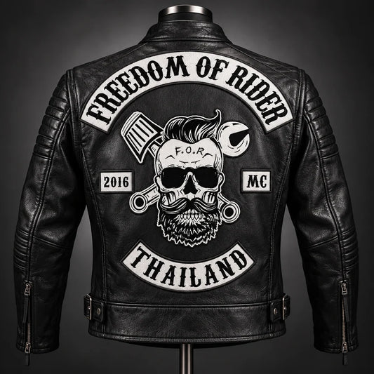 Officer / Rank Patches placement on a custom motorcycle club leather jacket.