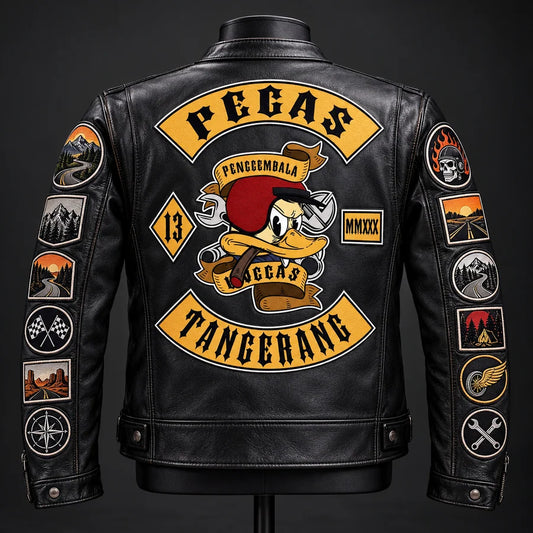 Sleeve & Event Patches placement on a custom motorcycle club leather jacket.