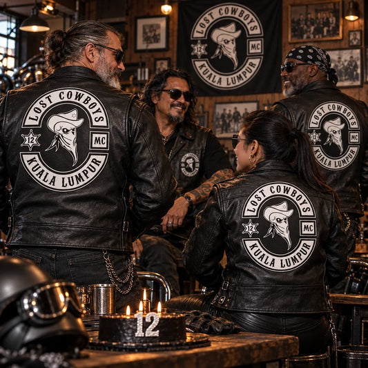 Club Anniversaries represented with coordinated custom motorcycle club leather jackets.