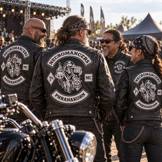 Events & Rallies represented with coordinated custom motorcycle club leather jackets.