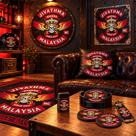 Motorcycle clubhouse merchandise displaying an authorized club logo across signs, a rug, cushions and table accessories.