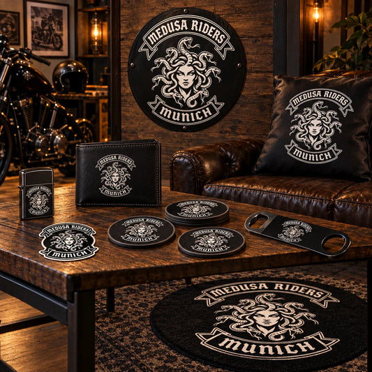 Motorcycle clubhouse merchandise displaying an approved club logo across signs, a rug, cushions and table accessories.