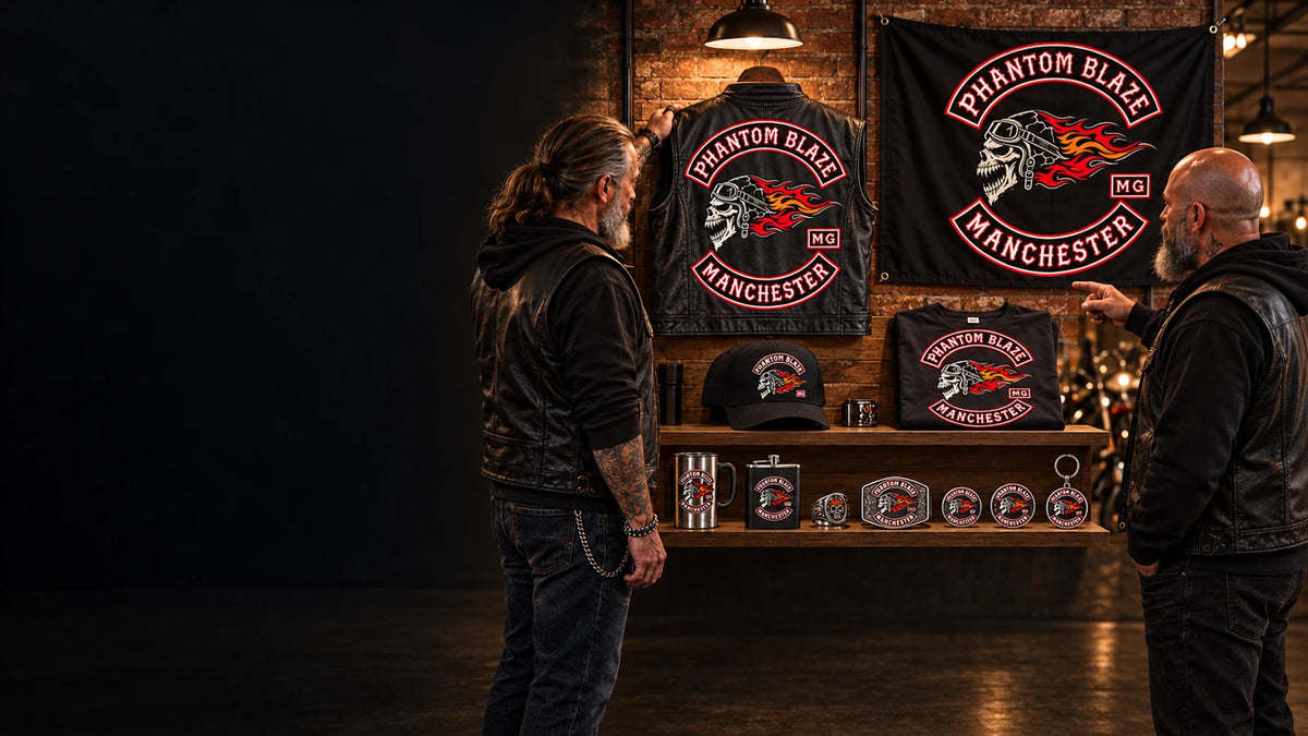 Motorcycle club officers reviewing a complete coordinated range of custom patches, apparel, jewelry, drinkware and event merchandise carrying their approved club logo.