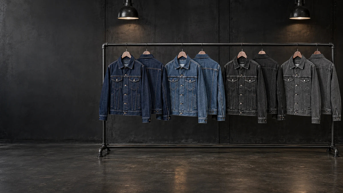 Complete blank motorcycle club denim jackets in dark indigo, vintage blue, washed black and charcoal.