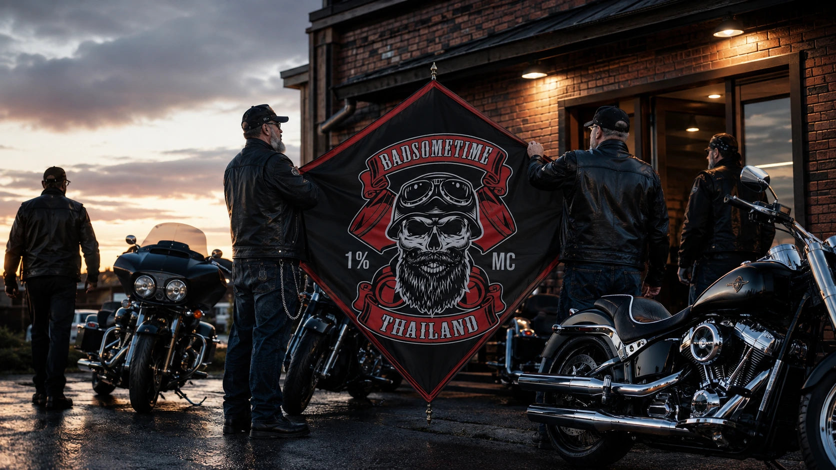 Mature motorcycle club riders arrive at a brick clubhouse with a custom diamond flag beside American V-twin motorcycles.