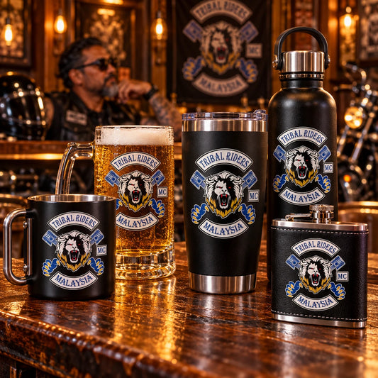 Custom motorcycle club drinkware and barware carrying an authorized club logo on a clubhouse counter.