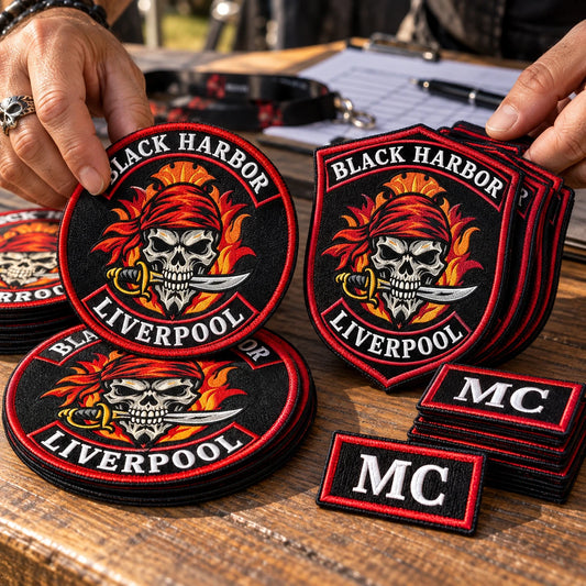 Custom embroidered motorcycle club event patches prepared on a rally registration table.