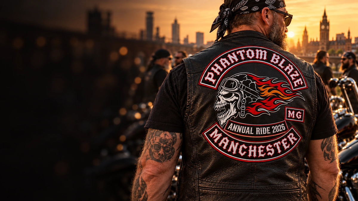 Custom motorcycle club event patch featuring the phantom blaze manchester logo for worldwide club gathering and event memory.