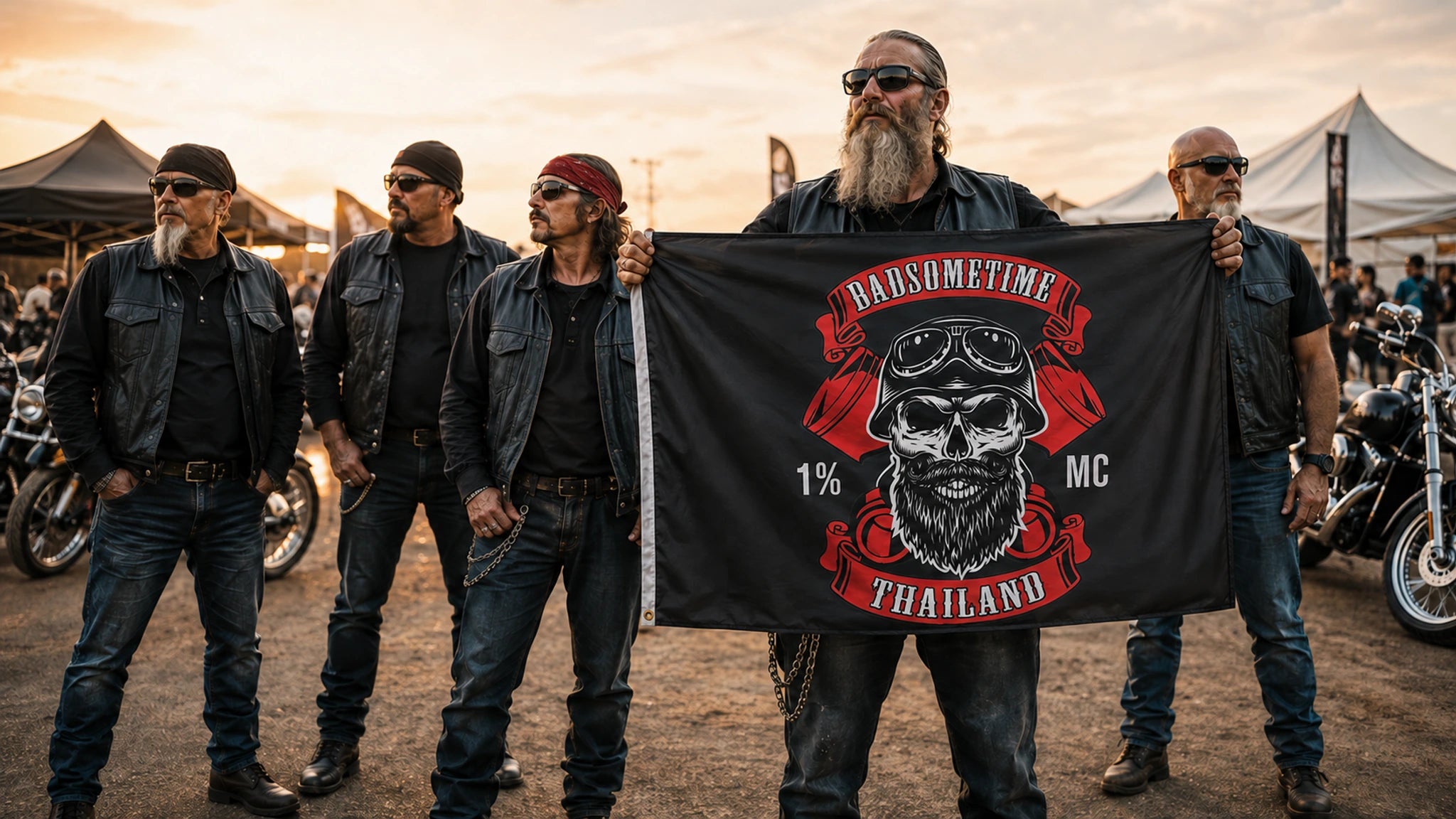 Motorcycle club members displaying a custom exchange flag with an authorized club emblem beside heavyweight V-twin motorcycles.