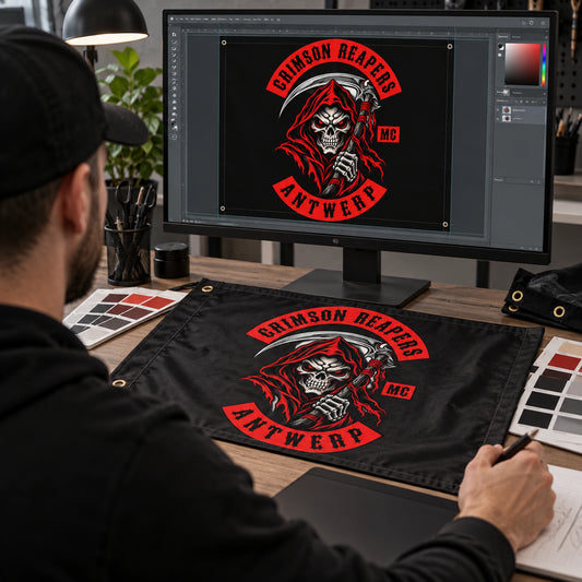 A professional designer prepares a custom motorcycle club flag layout from the authorized emblem.