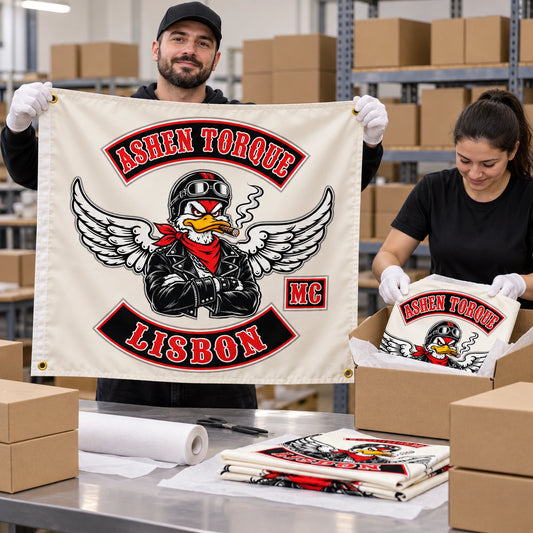 A finished custom motorcycle club rally flag is quality checked and packed for worldwide shipping.