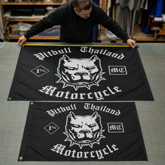 Motorcycle club members use a custom rectangular flag for flag size & format in a realistic American V-twin setting.