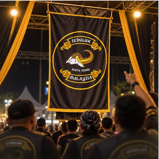 Custom club flags, banners and event gear with an authorized motorcycle club logo created for a club anniversary